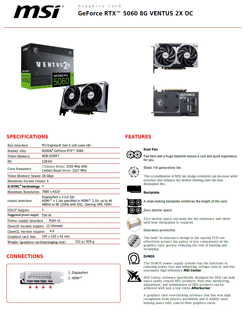 MSI GeForce RTX5060 VENTUS 2X 8G OC Gaming Grafische Kaart 8GB GDDR7 128-bit 8pin DP PCI-E 5.0x16 Desktop Volledige Nieuwe