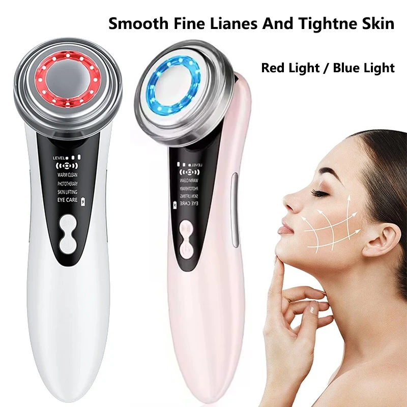 Masażer do twarzy z niebieskim i czerwonym światłem, wielofunkcyjne narzędzie do pielęgnacji skóry, ciepłe, czyste wibracje, urządzenie kosmetyczne, odmładzanie i ujędrnianie skóry.