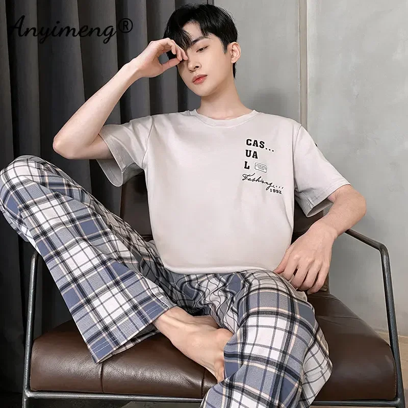 New Summer Knitted Cotton Pajamas Set for Men Fashion Man Short Sleeve Plaid Pants Sleepwear Plus Size 4XL Pijamas for Boy