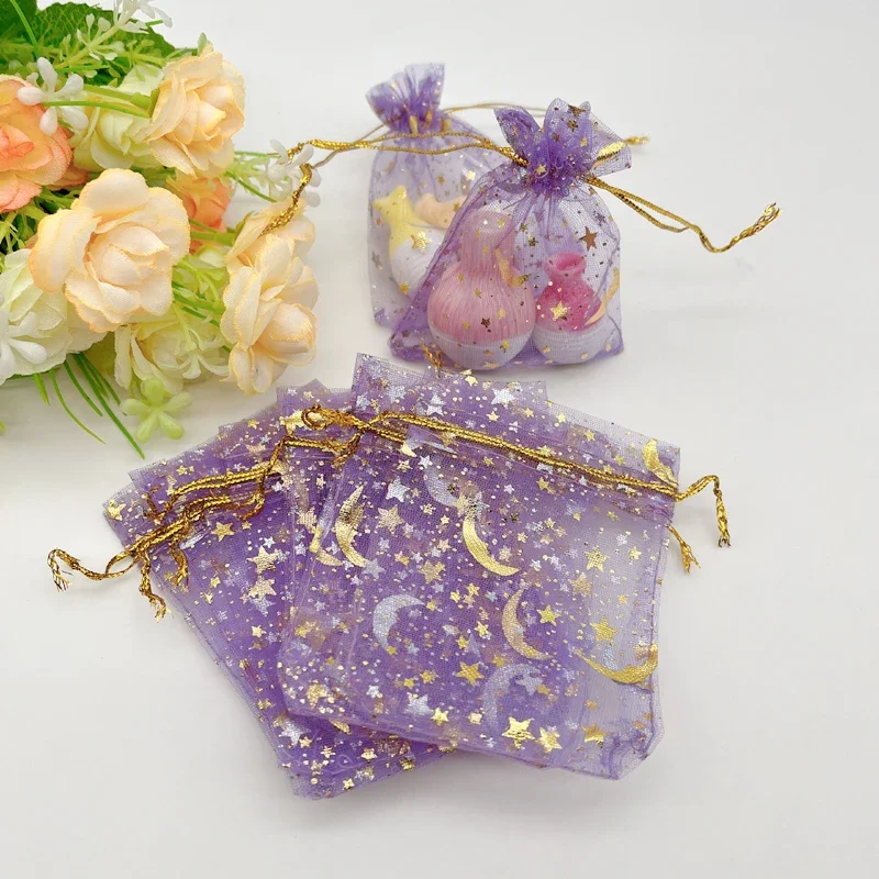 1000pcs Light Purple Sachet Bag Violet Gift Bag Moon Star Organza Gift Bags Wed Packaging Jewelry Storage Bags Drawstring Pouch