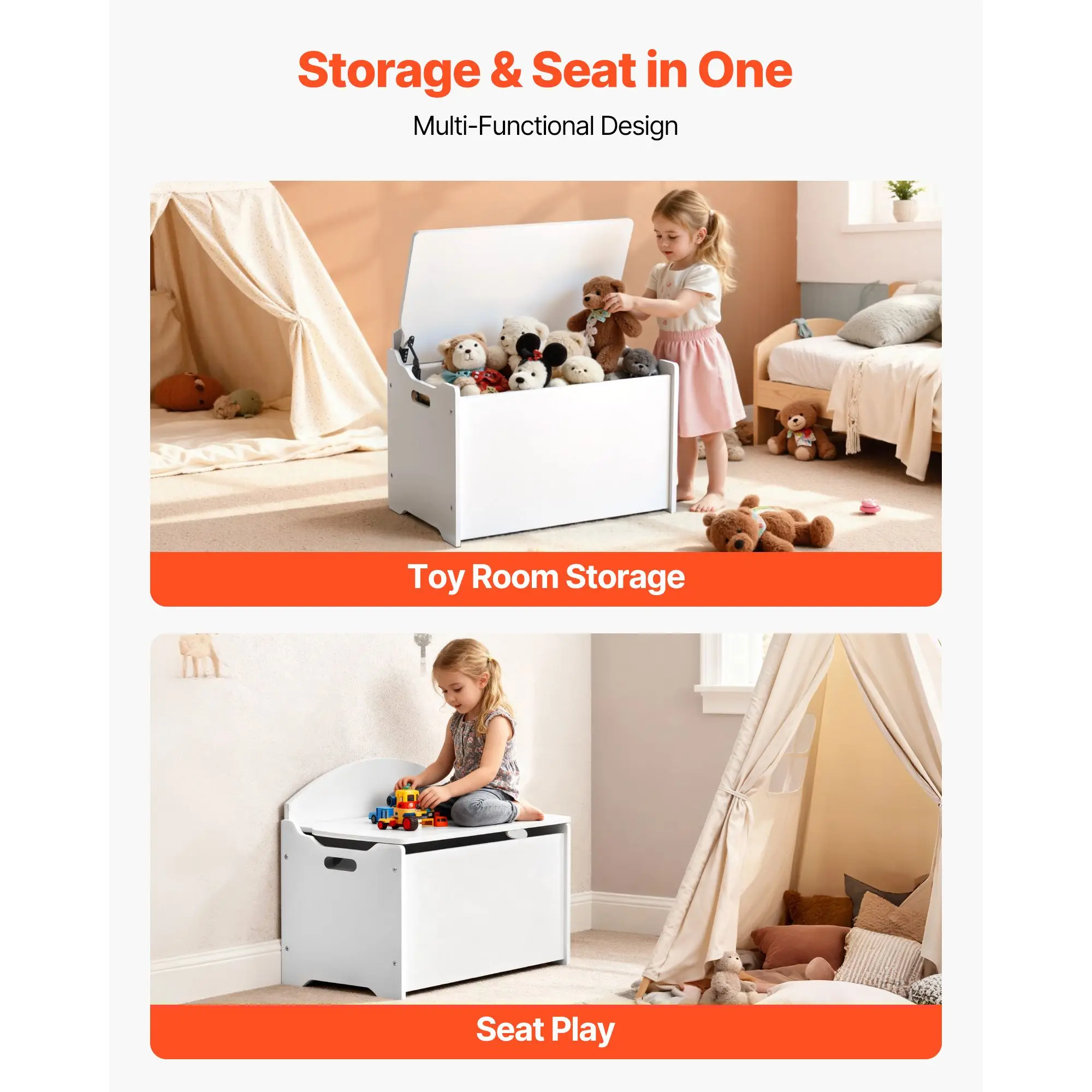 Kids Storage Bench, Wooden Toy Box Chest with Backrest, Large Cabinet Safety Hinge, Toddlers for Playroom, Living Room or