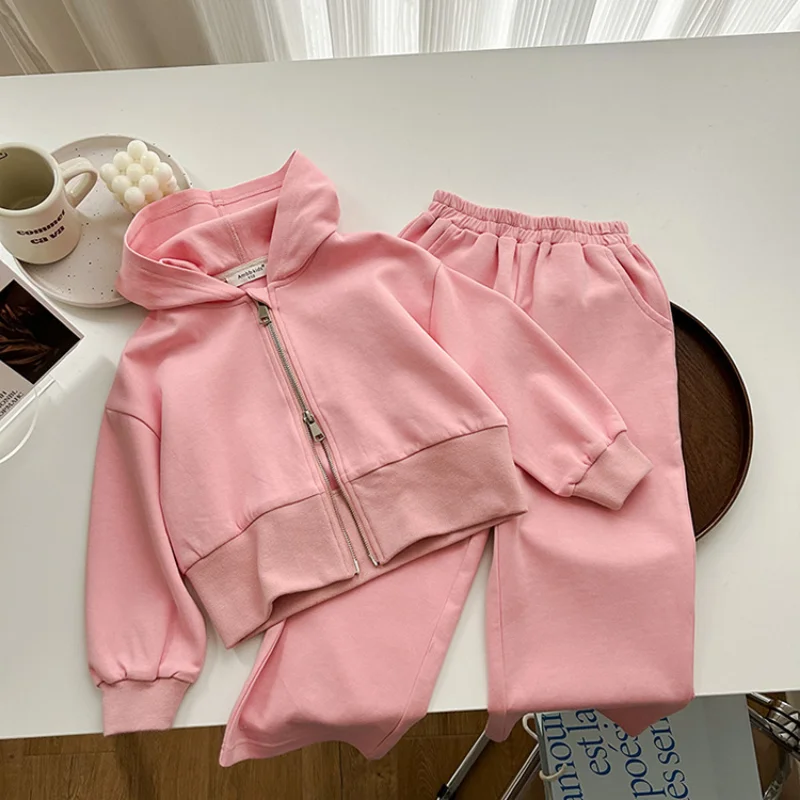 Girls Sportswear 2023 Spring Autumn New Fashionable Baby Solid Color Short Style Hoodie Coat and Casual Pants Two Piece Set