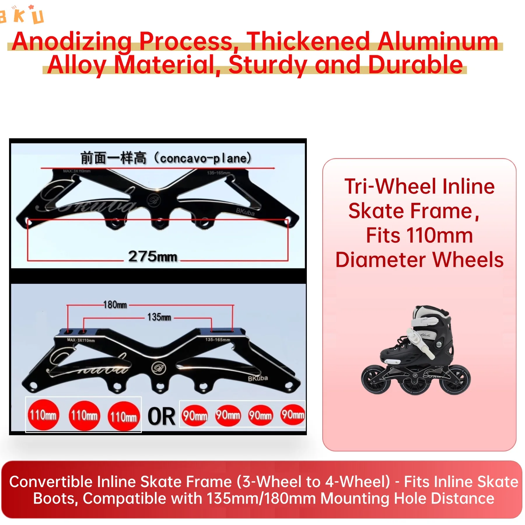 زوج واحد من إطارات التزلج المضمنة ثلاثية العجلات المصنوعة من سبائك الألومنيوم، 3 أنماط (4 · 3 قابلة للتحويل) مع المحاور