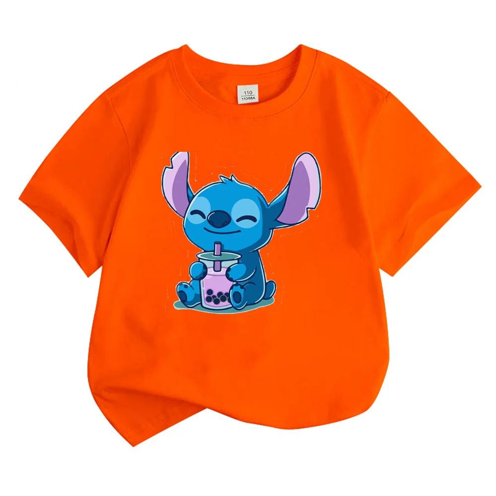 Summer Disney Kids Cotton Tshirt Stitch Drinking Boba Tea Cartoon Print Top Q Edition Children Tshirt Baby Fashion Casua Clothes