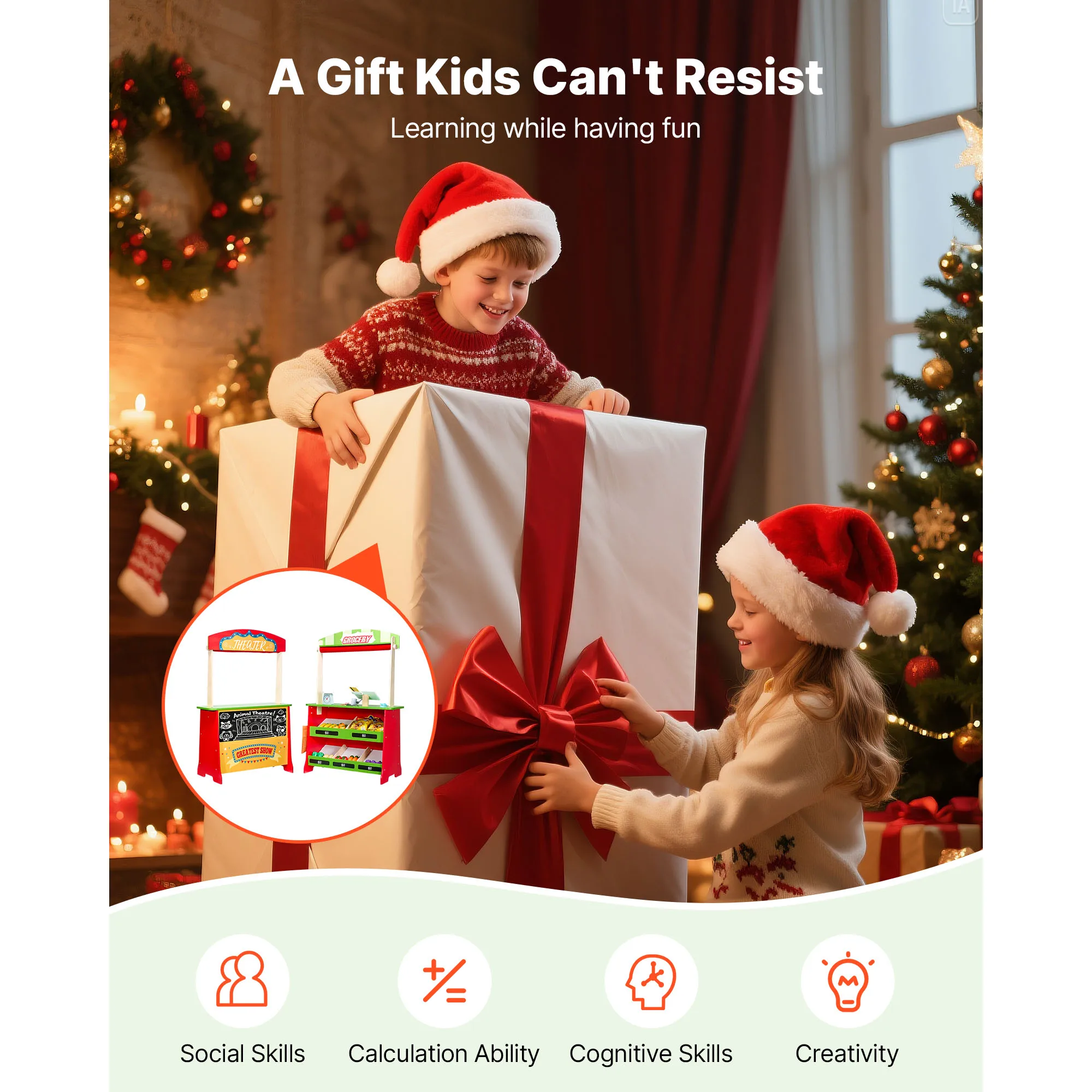 SucceBuy 2-in-1 Kids Wooden Puppet Theater Grocery Store with Curtains Reversible Play Store Playset Toys for Children Gifts