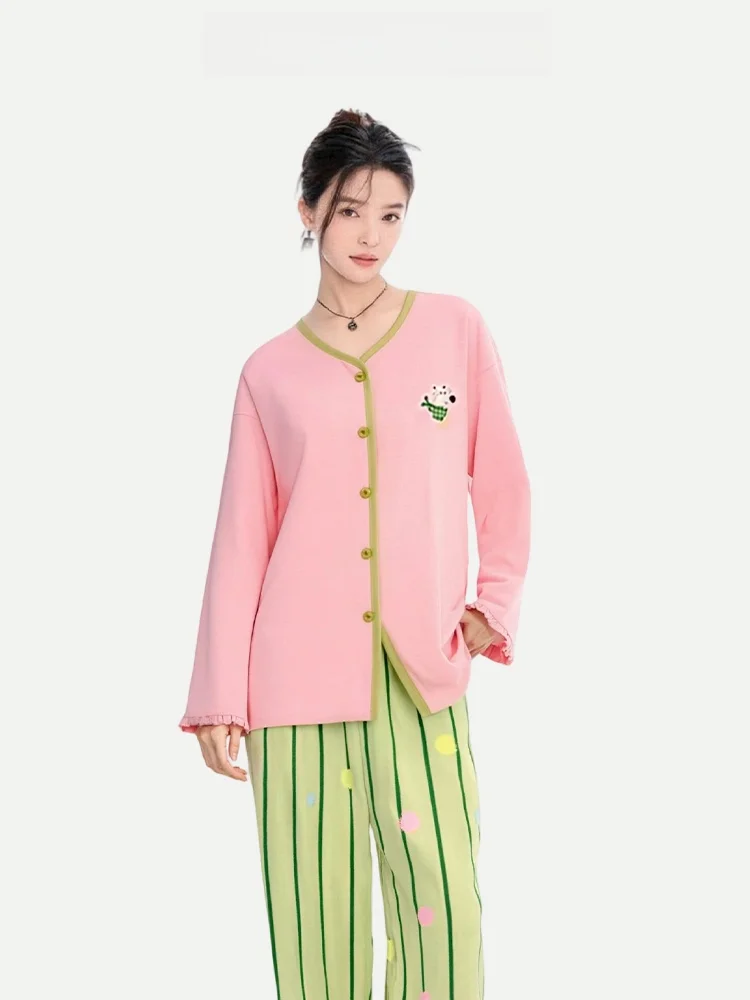 PinkBread Pure Cotton Long Sleeve Sleepwear for Women Spring Autumn Home Clothes Bear Pattern Soft Comfortable Breathable