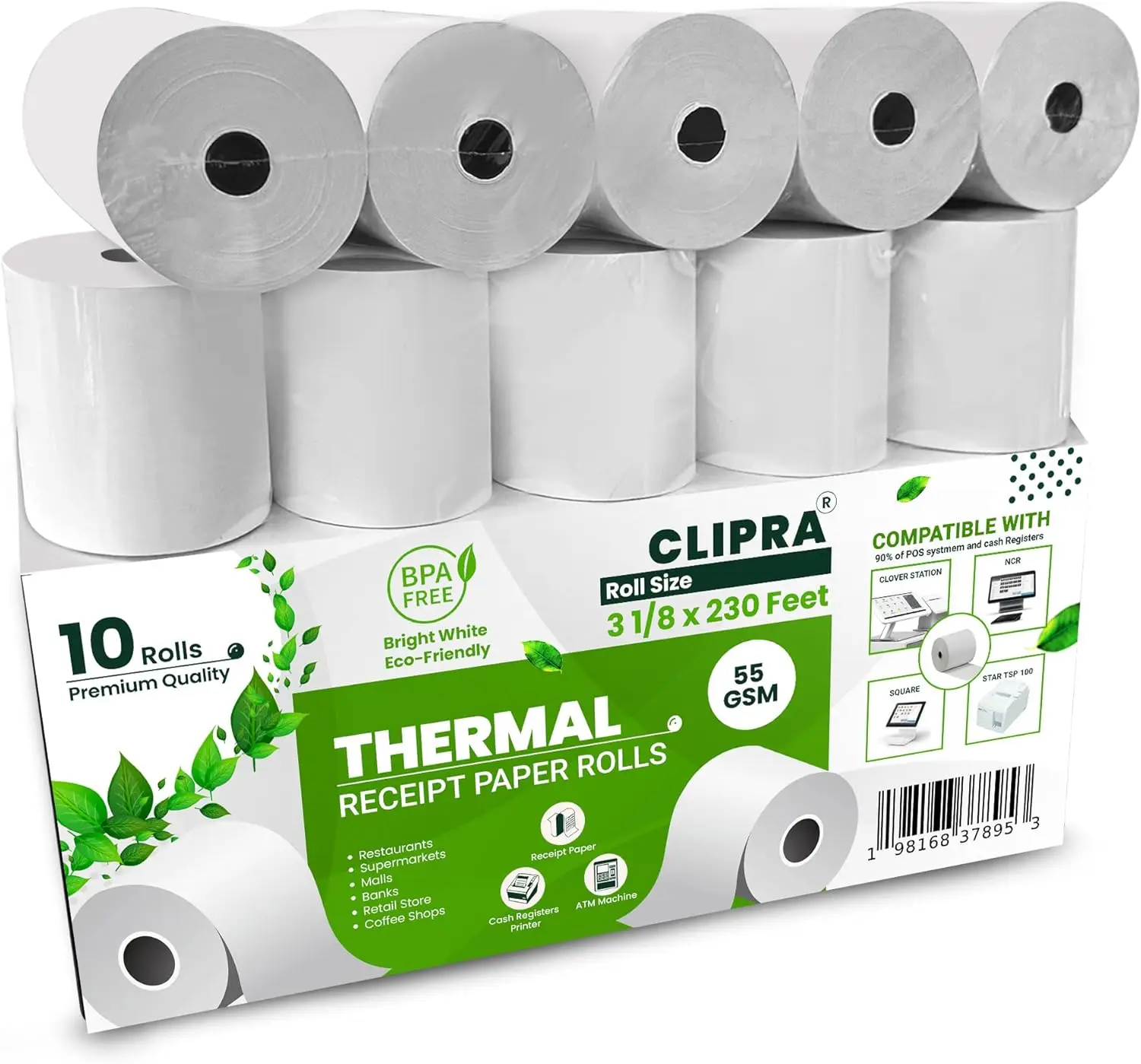 

3 1/8 x 230 Thermal Paper Rolls (10 Pack) - BPA Free, Compatible with All POS Systems
