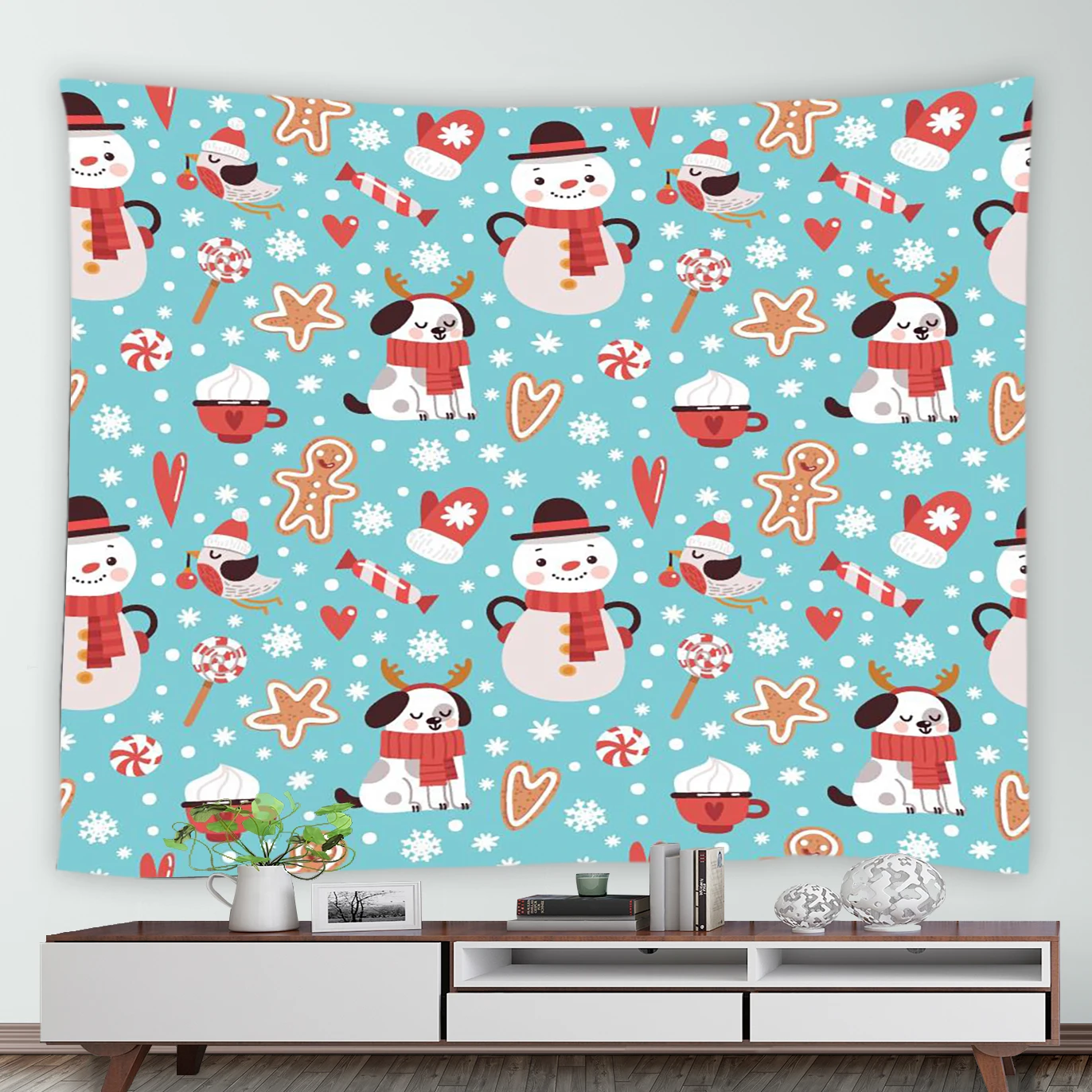 Cartoon Santa Claus Reindeer Snowman Pattern Tapestry Home Living Room Bedroom Wall Cloth Decoration Background  