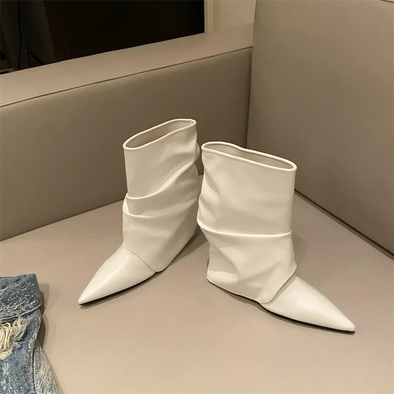 Pointed Toe Women Ankle Boots Fashion Pleated Mid Heels Leather Shoes 2025 Trend Goth Designer Winter New