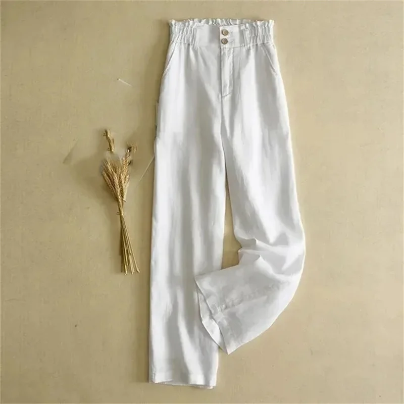 

Summer Linen Women Wide Leg Pants Solid Color High Waisted Straight Leg Pantalons Ladies Leisure Cotton Linen Trousers Female