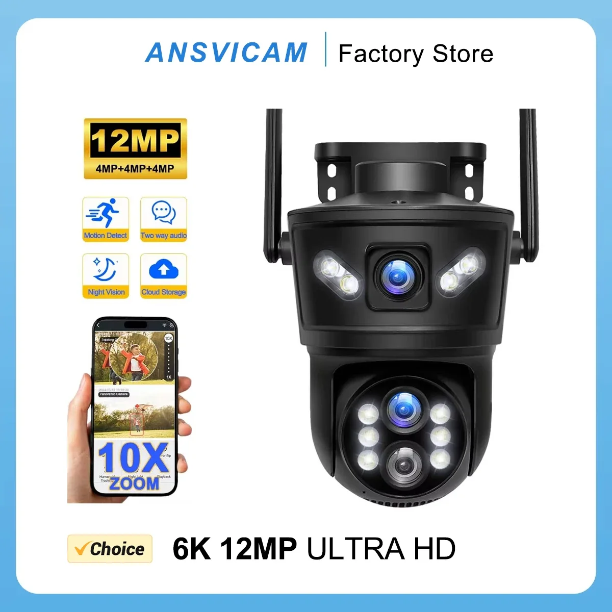 Kamera CCTV keamanan luar ruangan, kamera IP keamanan layar ganda tiga lensa Zoom 10X 12MP 6K WiFi PTZ