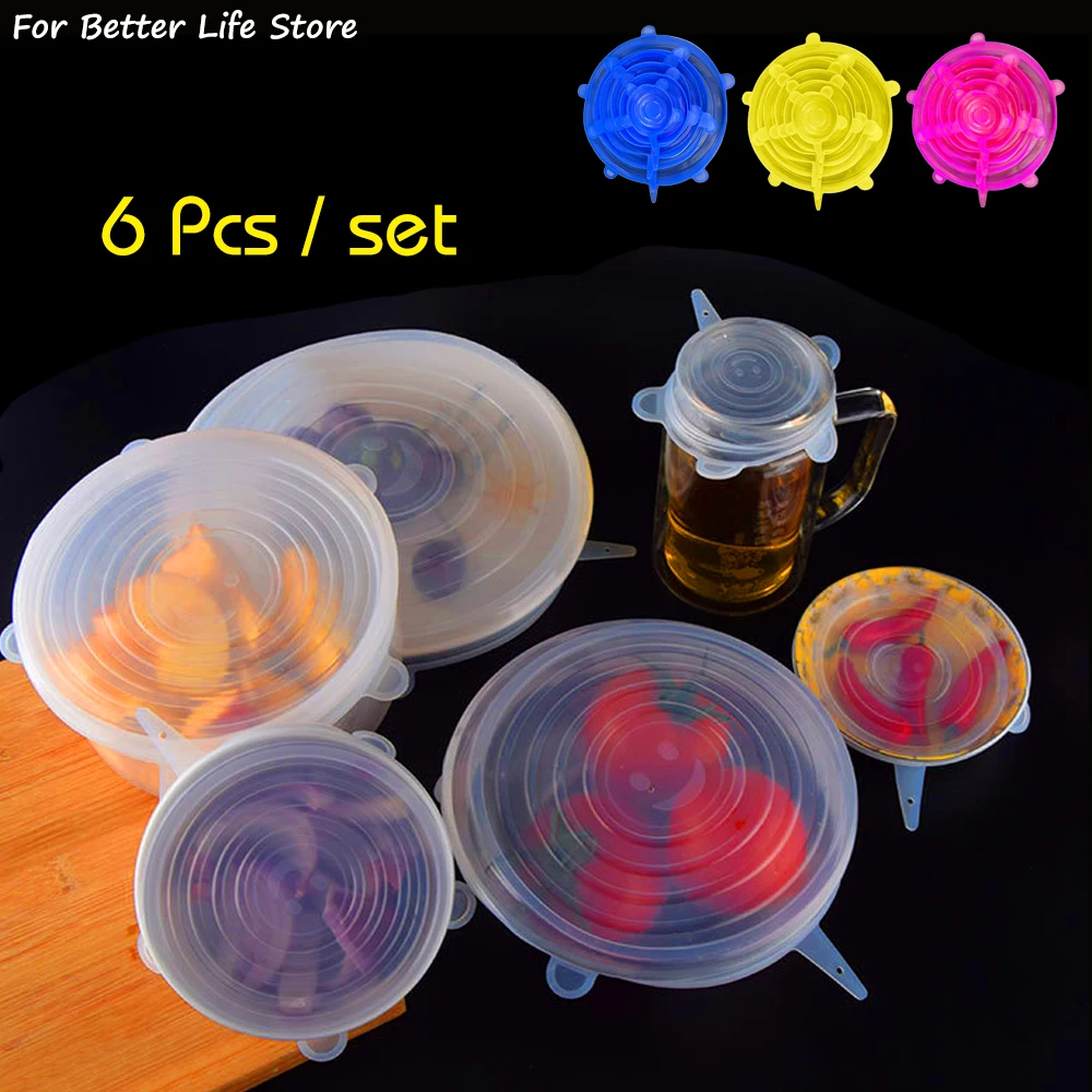 

6 Pcs/Set 4 Colour Silicone Stretch Wrap Sealed Lids Fresh-keeping Microwave Cover Kitchen Accessories Food Grade Odorless