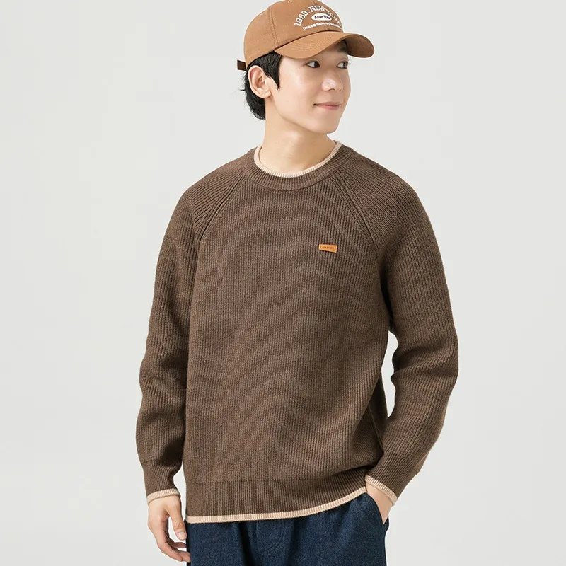 ゆったりとしたニットプルオーバー,男性用,シックなパッチワーク,韓国スタイル,オールマッチ,長袖,ラウンドネック,若者向け,秋冬