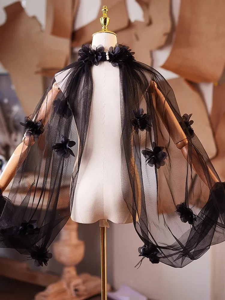 المرأة زهرة سوداء شبكة الباشمينا أداء الإناث عرض الحفلات شال عباءة طوق R2672