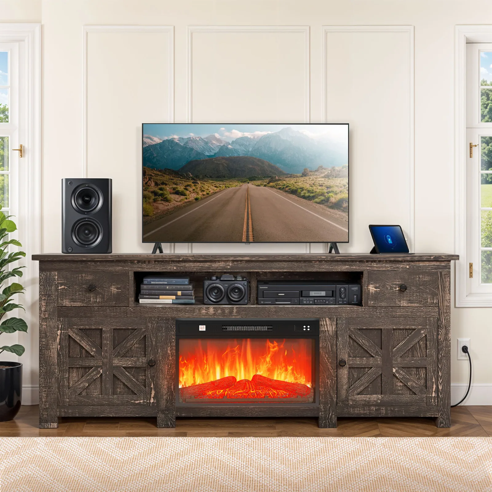 

TV Stand Console for 80 in TVs with Shelves Power Outlets Media Cabinet