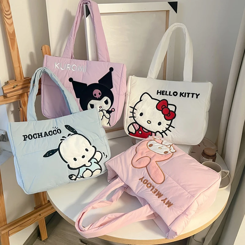 

Kawaii Sanrio Hellokitty Handbag Cartoon Cute Down Fabric Kuromi Tote Bag Shoulder Cute Stationery Bag Large Capacity Handbag