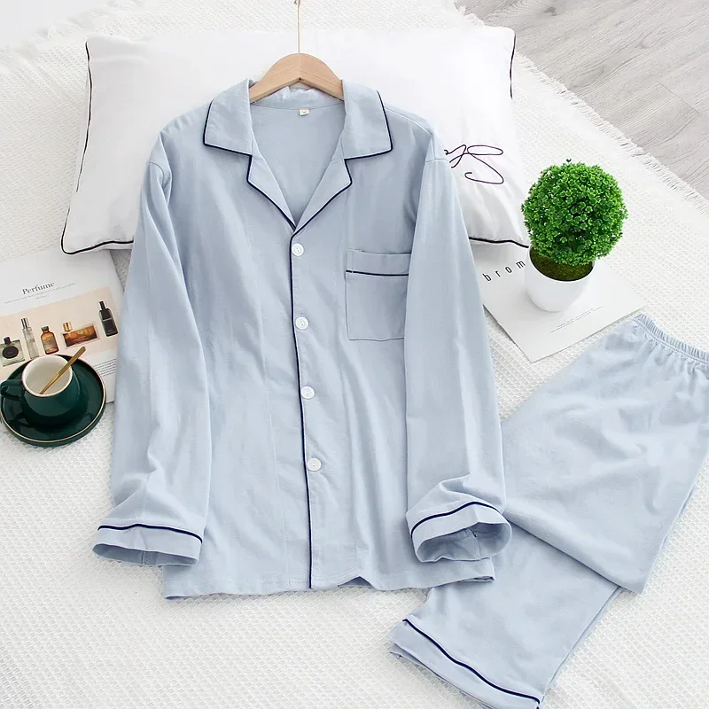 Couple Set Pyjama 100% Cotton Long-Sleeved Trousers Ladies Pajamas Suit Simple Style Long Pajamas Men And Women Homewear Sleepwe