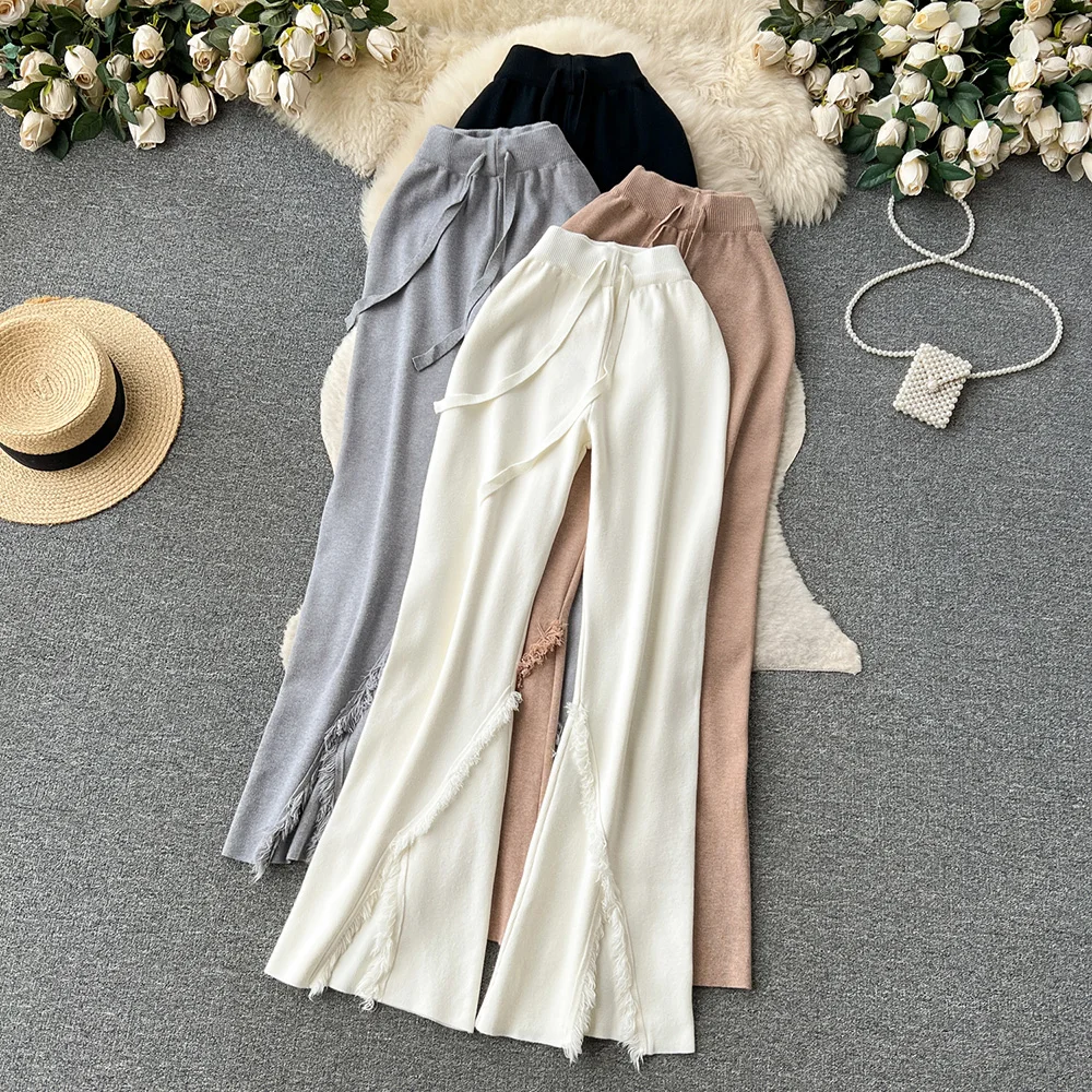 

Croysier Trousers Women 2023 Fashion Frayed Trim Front Slit Hem Flared Pants Drawstring Tie Elastic High Waist Knitted Pants