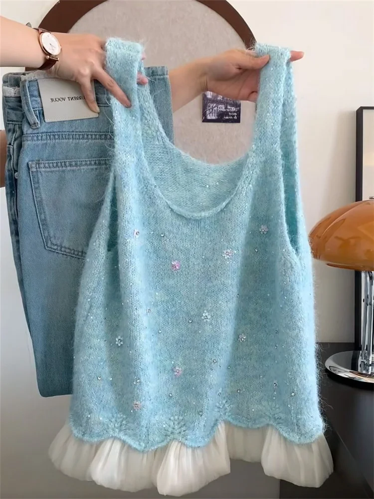 

Женский вязаный топ без рукавов с градиентным эффектом и рюшами, осенний стиль, мягкий трикотаж, круглый вырез, стандартная длина