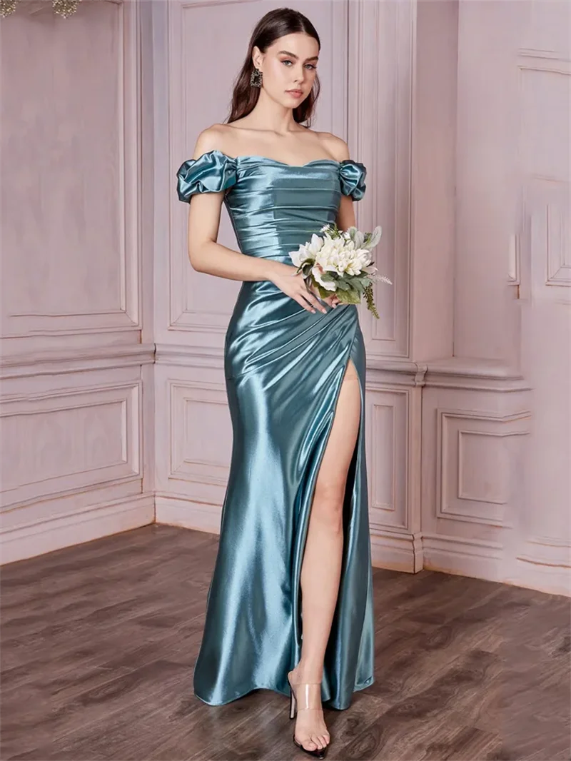 Jirocum Eenvoudige Off Schouder Avondjurken vrouwen Zeemeermin Geplooide Formele Gelegenheid Gown Zijsplit Vloerlengte Party Prom Dress