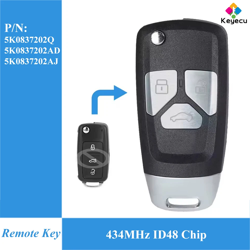 

Откидной пульт дистанционного управления KEYECU, 434 МГц, чип ID48 для Volkswagen Beetle Caddy Eos Golf Jetta Polo 5K0837202Q 5K0837202AD 5K0837202AJ