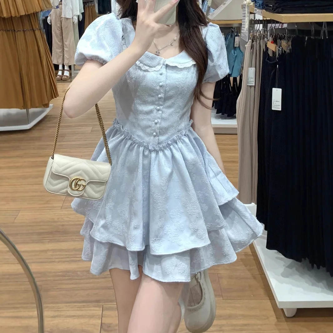 

French Sweet Doll Neck Dress for Women in Summer Shrinking Waist to Look Thin Bubble Sleeves Puffy Skirt