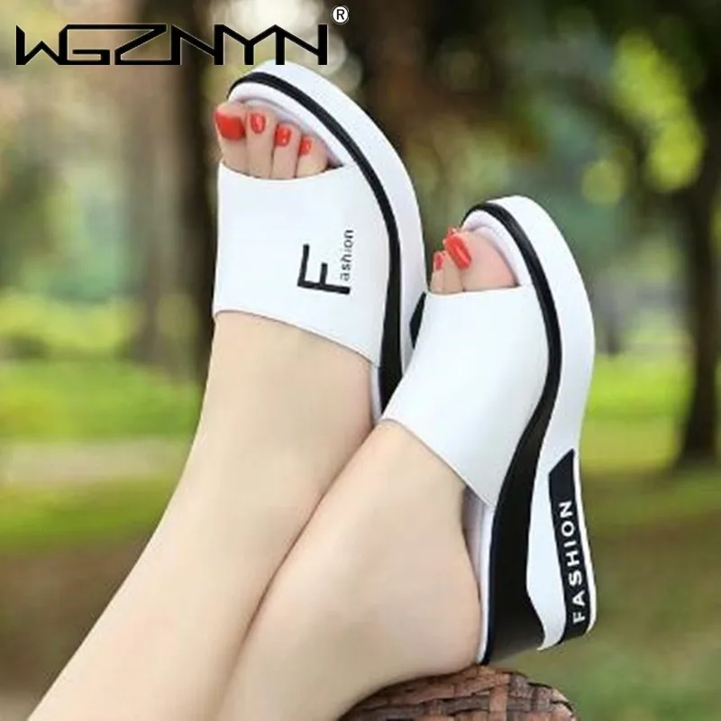 Summer Women Slipper Wedges Leather Slip on Casual Beach Slides Platform Ladies Shoes Height Increasing Chunky Zapatos De Mujer