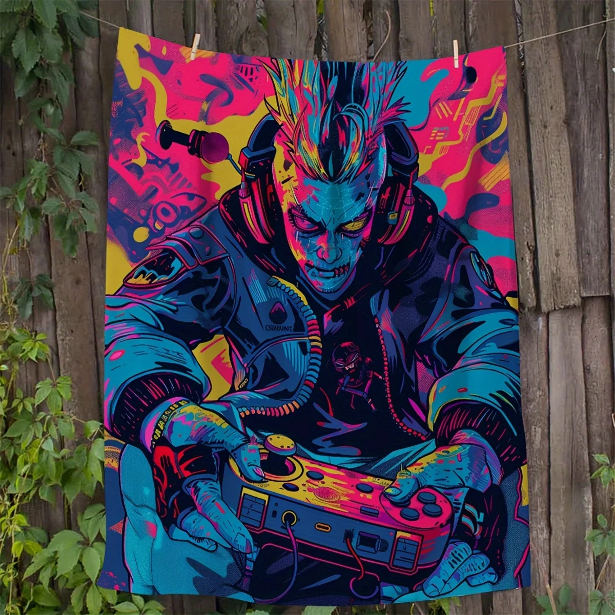 Cyberpunk Retro Arcade Gaming Throw Blanket Tapestry Anime Style Pop Culture Wall Hanging Fleece Throw for Gamer Boy Boy Decor