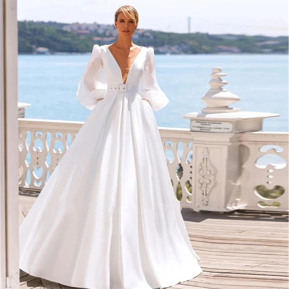 Bridal Wedding Dresses Deep V-Neck Long Sleeve Backless Floor-Length Gowns for Party Ball-Gown prom Cocktail Evening