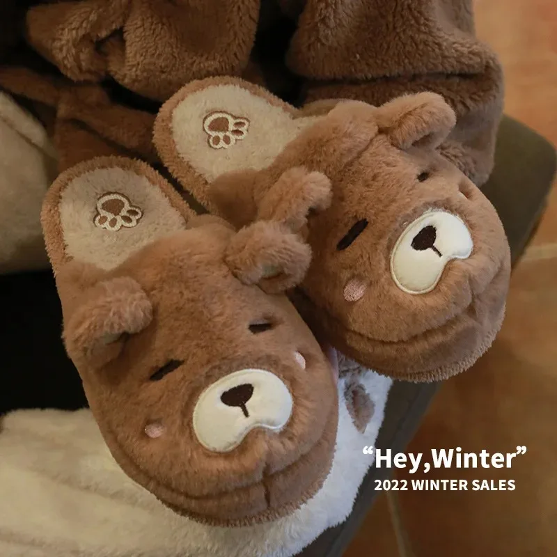 Cartoon Bear Slipper for Women Winter Indoor Warm Faux Fur Shoes Flip Flops Cute Animals Plush Platform Ladies Home Slippers