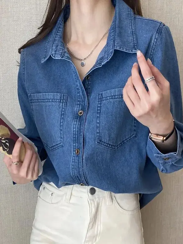 

Джинсовая ткань Retro Double ket для женщин Street Sle Loose Fit Long Sve Pure Color на пуговицах, повседневная ткань из полиэстера