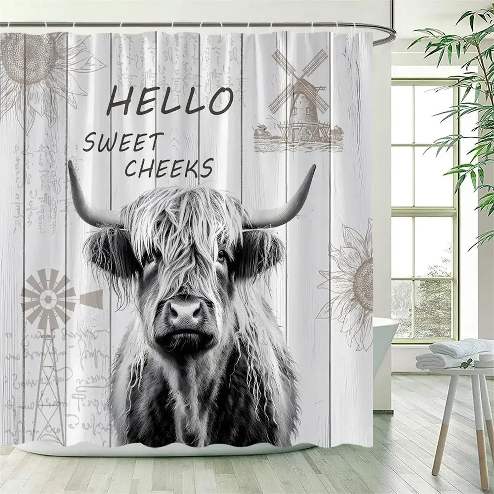 Funny Highland Cow Shower Curtains Farm Cattle Colourful Graffiti Art Bathing Animal Bath Curtain Fabric Bathroom Decor Hooks