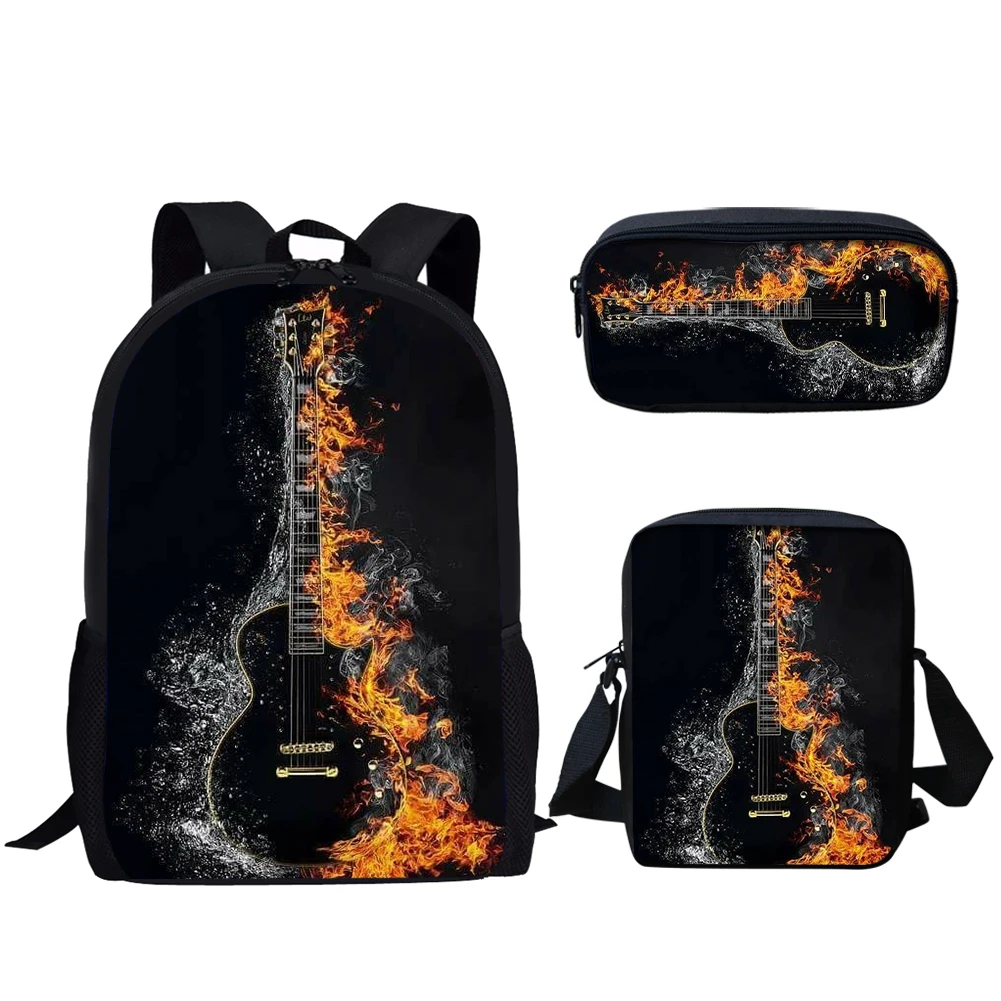 Mochilas escolares con estampado de guitarra de fuego para adolescentes, niños y niñas, mochila informal para estudiantes primarios, mochilas de gran capacidad, 3 juegos