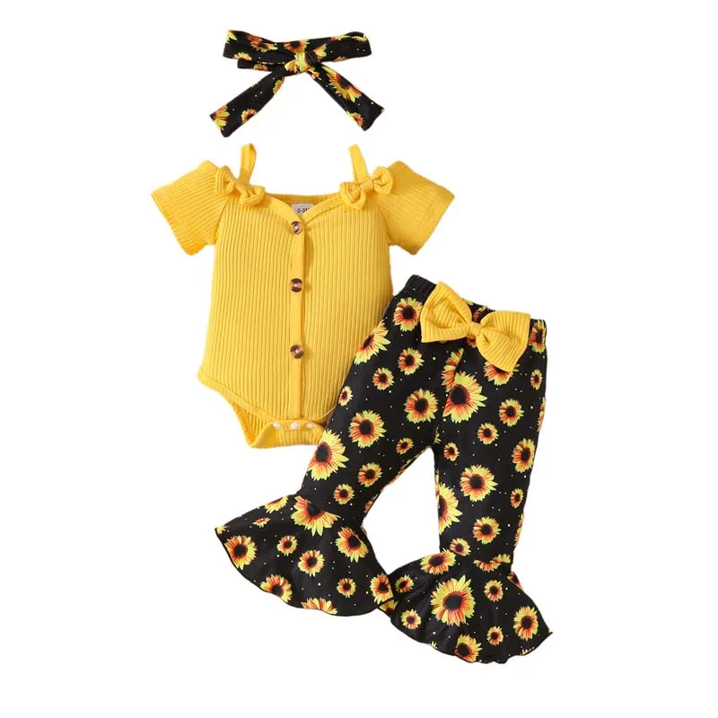 

Newborn Baby Girl Sets Clothes 0-18 Months Romper Pants Suits Sling Short Sleeves Bodysuit Sunflower Print Bell Bottoms Hairband