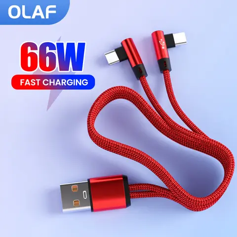 66W 2 in 1 USB A To Dual Type C Cable Fast Charging 90° Elbow Cable For iPhone 15 Sumsung Huawei Xiaomi USB To USB C/Micro Cable