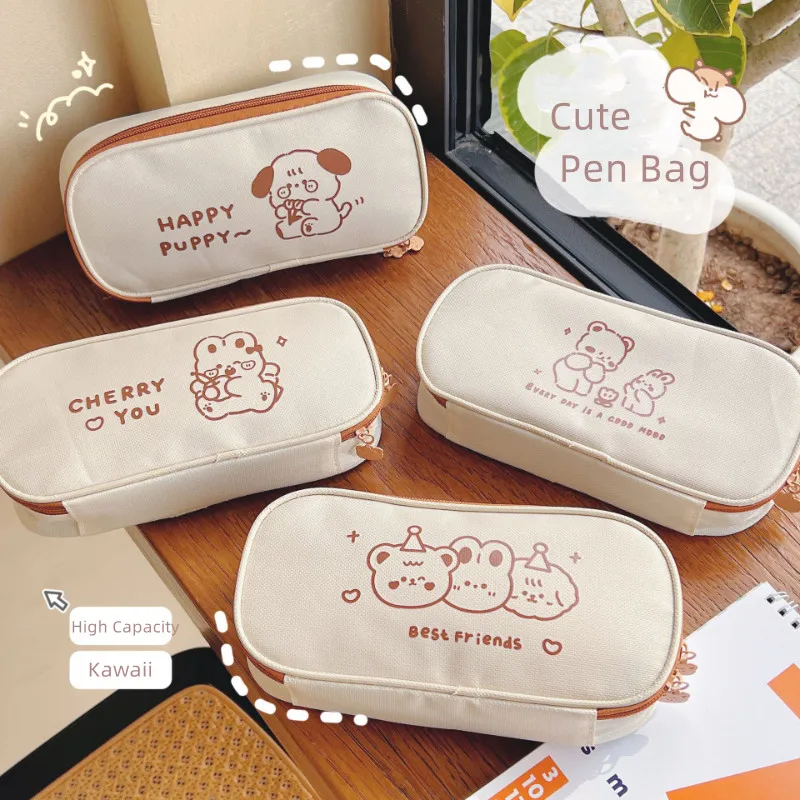 Cute Cartoon Pencil Case Korean Fashion Animal Milk Tea Color Pen Bag High Capacity Stationery Storage Bag Student Supplies