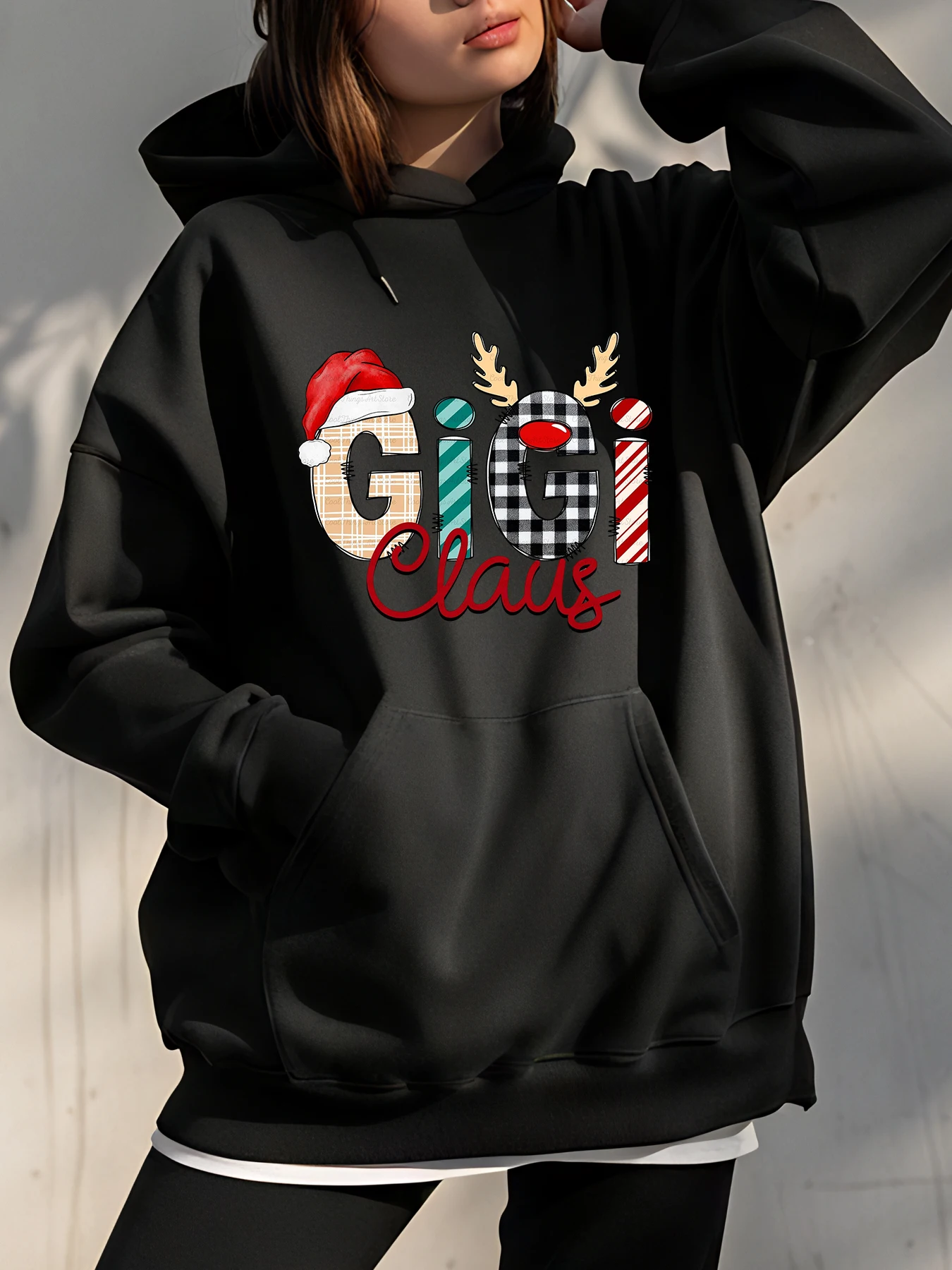 เสื้อฮู้ดคริสต์มาสลายจิจิ คลอส เสื้อสเวตเชิ้ตลำลองสำหรับผู้หญิงในฤดูหนาว ของขวัญวันหยุดสำหรับคุณยายและคุณย่า