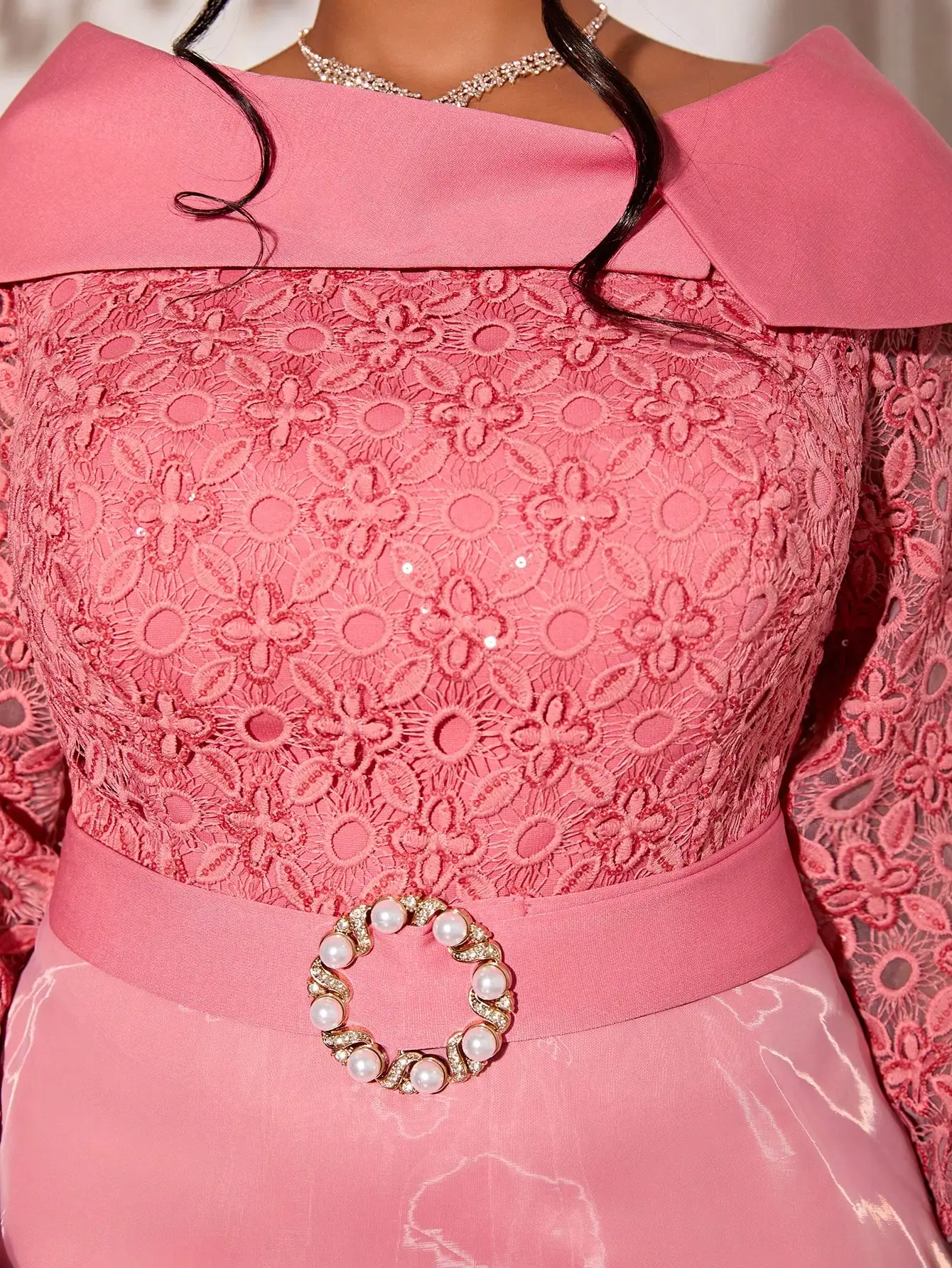 Pink Off-Shoulder Lace Cocktail Dress with Pearl Belt, Elegant Party Wear