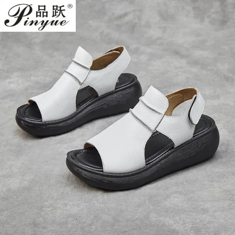 5.5cm Women Leather Mom Beach Sandals Genuine Leather Sandals Woman Platform Casual Summer Beach shoes size 34 41