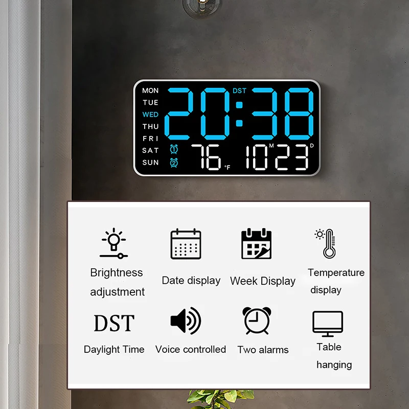 Digital Wall Clocks Temperature Date Week Dispaly Electronic Table Clock 12/24H Wall-mounted DST Dual Alarm LED Alarm Clocks