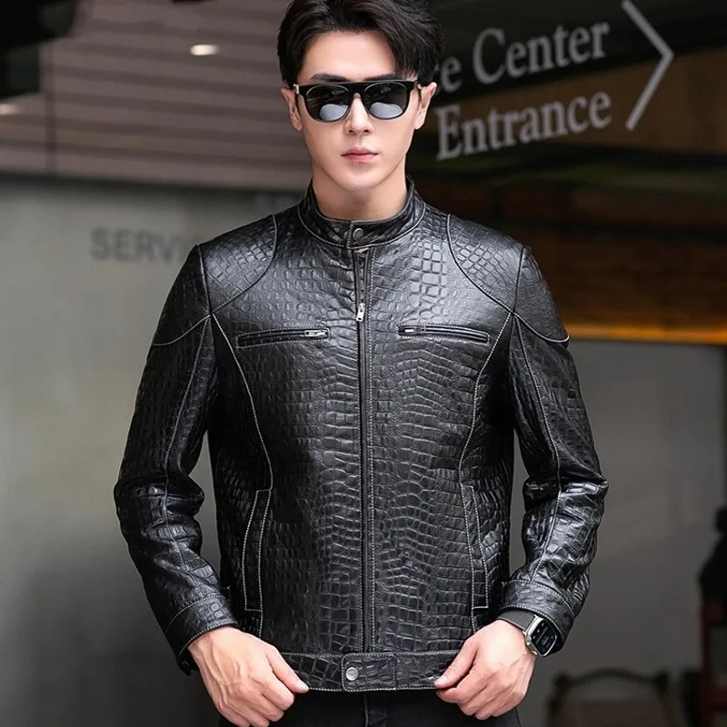 Males Luxury Natural Sheepskin Crocodile Pattern Jacket Stand