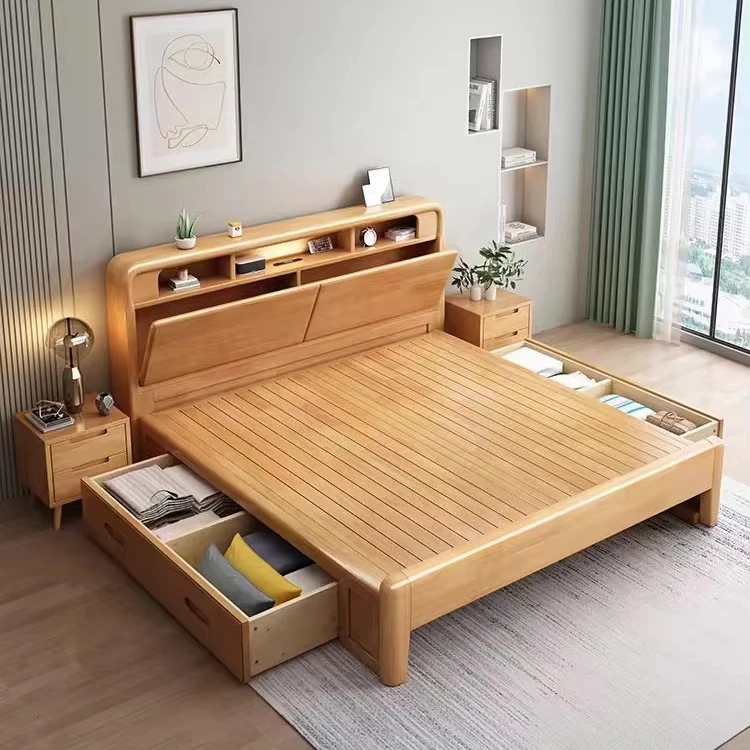 $%Modern Nordic Double Bed Large King Frame with Solid Wood Pine Bed Board for Bedroom Apartment Villa Hotel