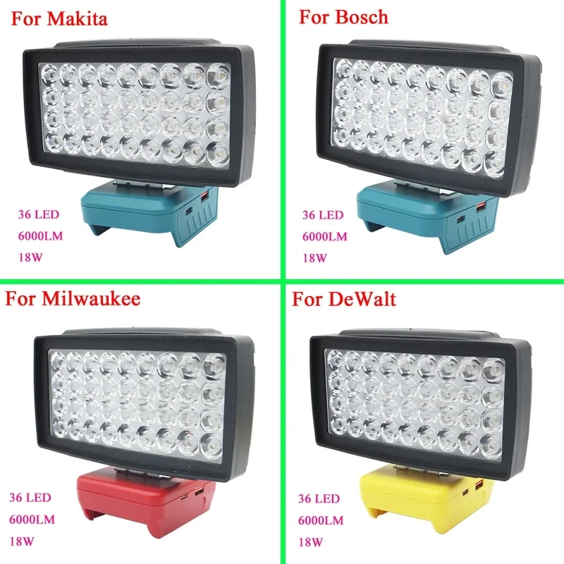 36 Beads LED Car Work Light Spotlight USB Power Bank For Makita For DeWalt For Bosch For Milwaukee for M18 18V Li-ion Battery