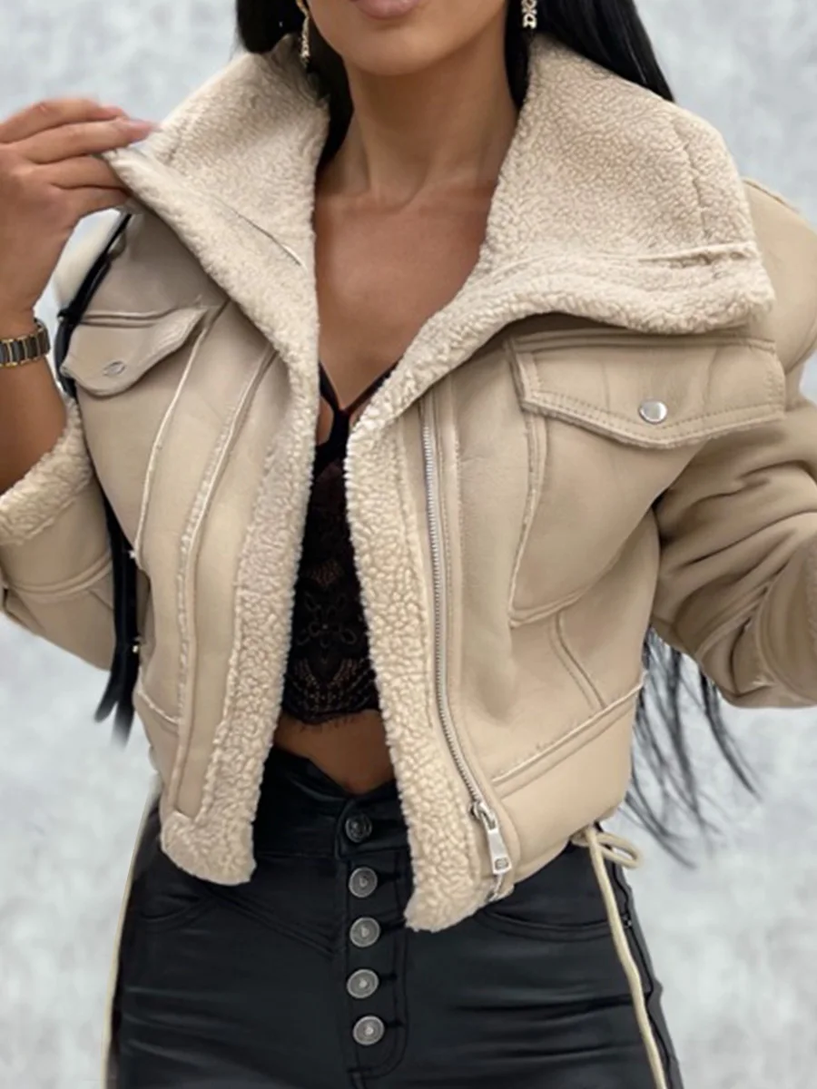 Women PU Faux Fur Leather Jacket Faux Fur Open Front Casual Furry Collar Lapel Short Parka Coat Warm Cardigan with Belt Outwear