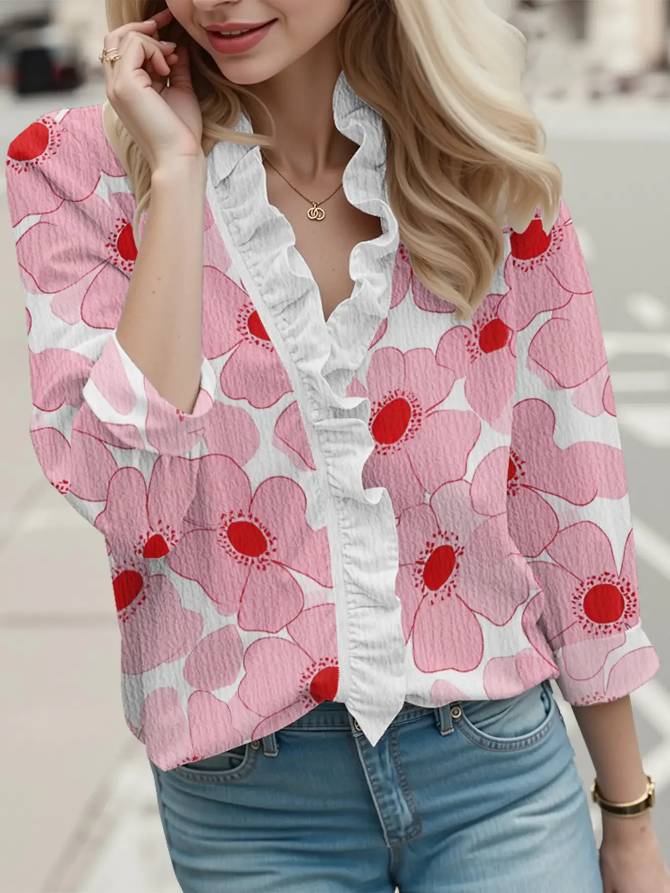 Autumn new V-neck casual top, women's long sleeved lace shirt, retro floral print design, Casual and Elegant Hoodie