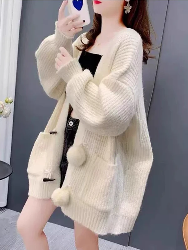 

Ladies' Lazy Style Knitted Sweater Coat Spring Autumn New Loose Thickened Early Autumn Knitted Outerwear V-neck Long Sleeve