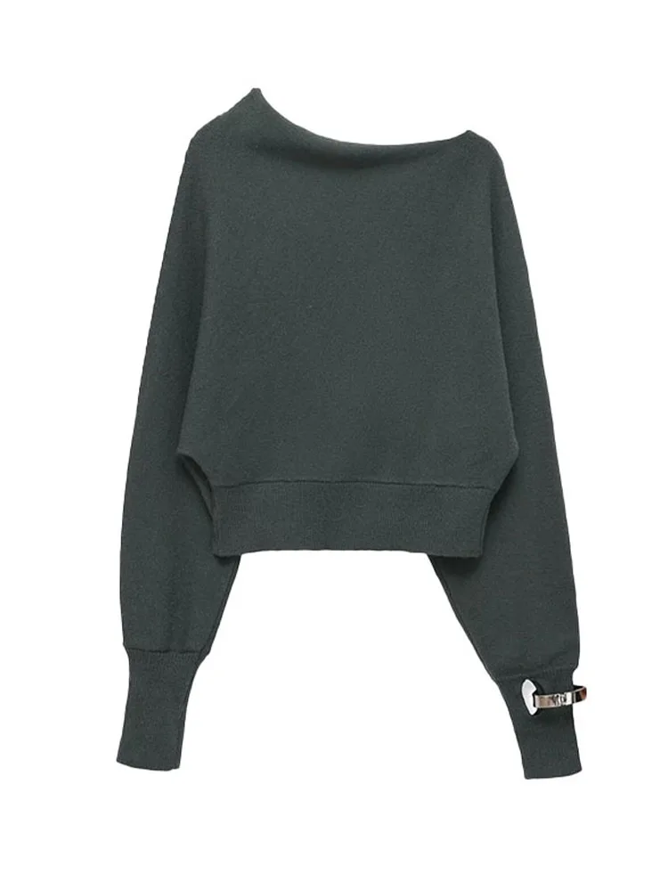 HH المرأة أزياء الرجعية تنوعا القوات سوار سترة الإناث أنيقة عارضة غير المتكافئة الرقبة طويلة الأكمام البلوز سترة