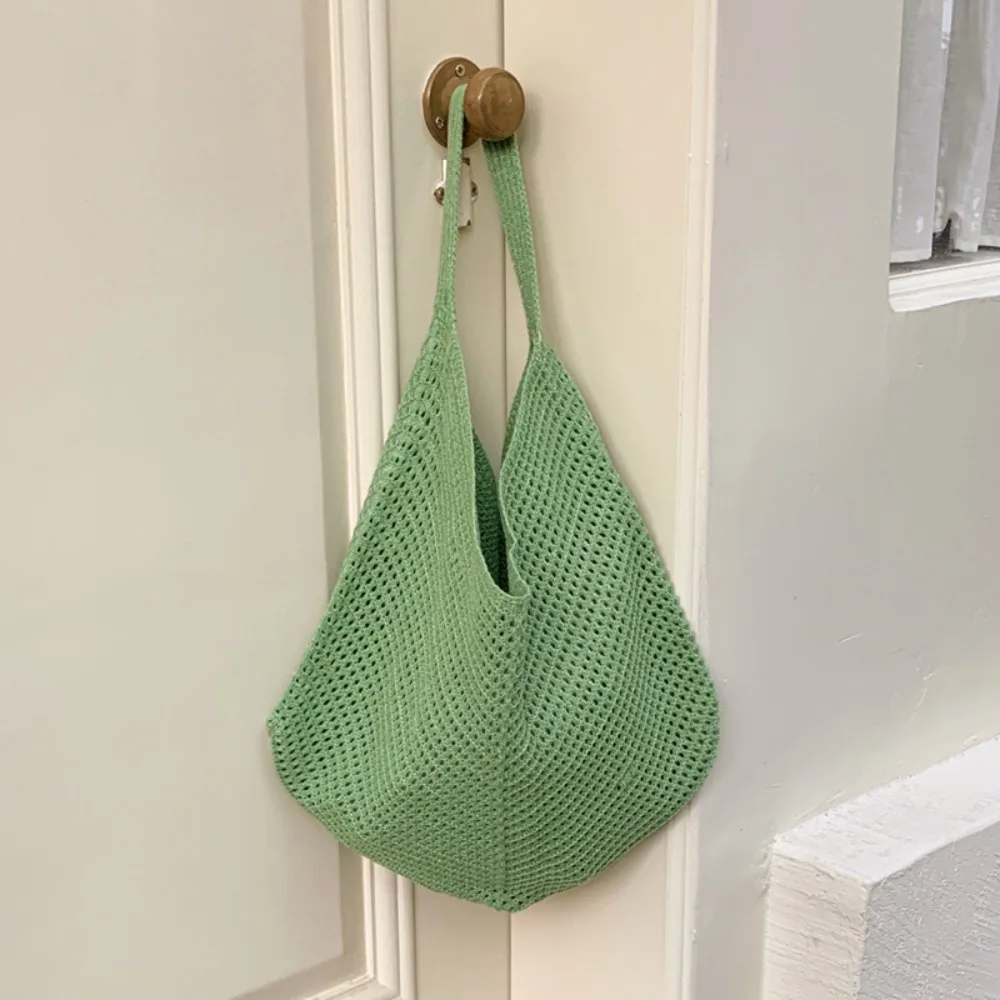 

Повседневная вязаная сумка ручной работы на плечо, богемная однотонная вязаная крючком сумка-тоут, большая вместительная тканая сумка для путешествий