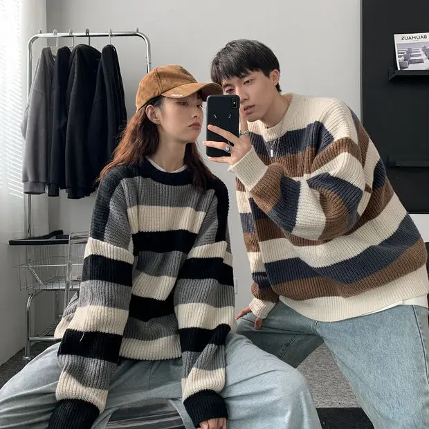 

Retro Japanese Sle round Ne Sweater Loose Autumn Winter ex Casual Knitted Top Striped Design Couple Matching