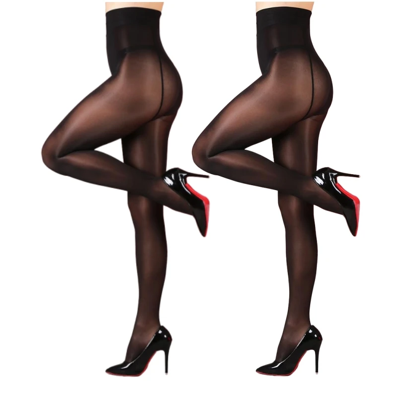 2 Pairs Women's Shiny Sheer Tights High Waist Silk Comfort Stockings Oil Shimmery Nylons Pantyhose